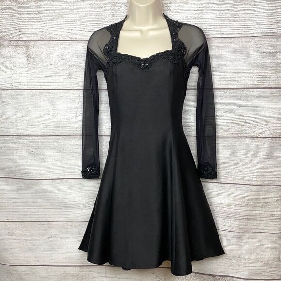 Strickly Swift Black Mesh Back Sleeves Beaded Mini Dress Fit & Flare S - Picture 1 of 12